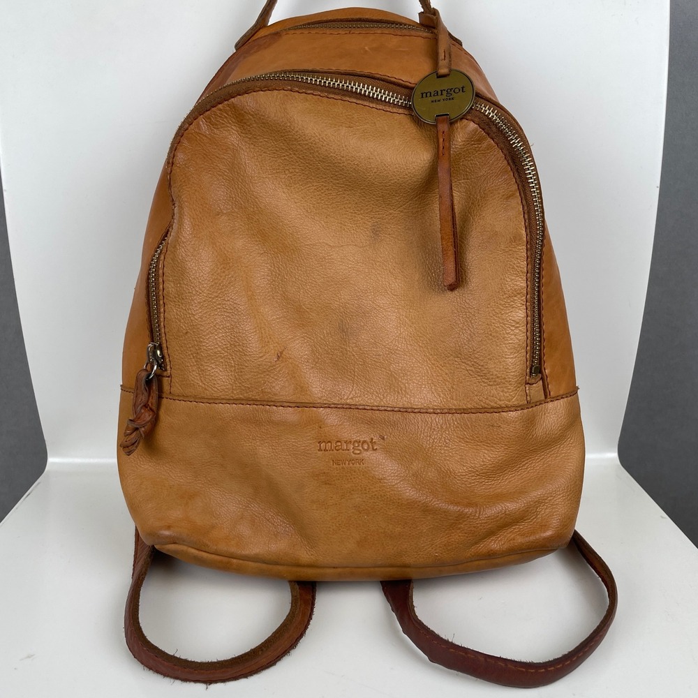 Margot New York Kimmie Tan Pebbled Leather Backpack Gold Hardware Minimalist Bag